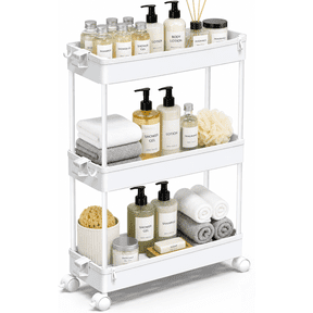 LLMRR 3 Tier Slim Rolling Storage Cart with wheels, Bathroom Storage Organizer, Kitchen Utility Cart, Narrow Shelf & Mobile Shelving Unit for Bathroom, Kitchen, Narrow Places, 3 Tier, White