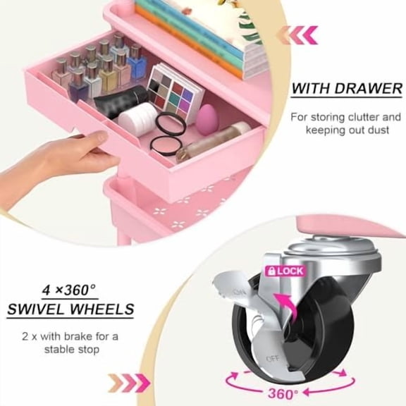 3 Tier Rolling Utility Cart Organizer with Removable Drawer, Stable and Sturdy Pink Rolling Storage Carts with 2 Lockable Wheels for Bathroom, Kitchen, Snack, Craft, Makeup, Baby Essentials
