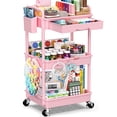 thumbnail image 1 of 3 Tier Rolling Utility Cart with Removable Drawer, Bathroom Storage Organizer with 2 Lockable Wheels, Mobile Shelving Unit for Kitchen, Office, Snack, Craft, Makeup, Baby Essentials, Pink, 1 of 8