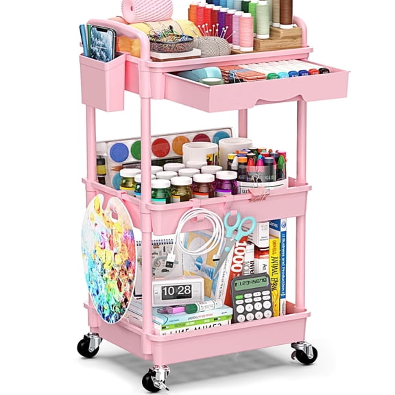 3 Tier Rolling Utility Cart with Removable Drawer, Bathroom Storage Organizer with 2 Lockable Wheels, Mobile Shelving Unit for Kitchen, Office, Snack, Craft, Makeup, Baby Essentials, Pink