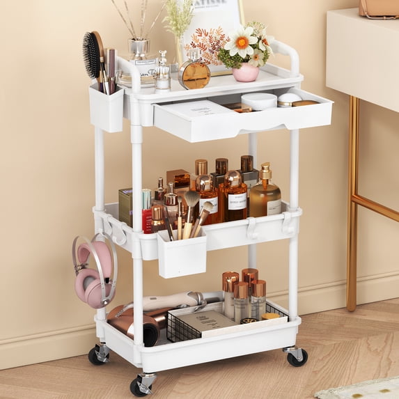 3 Tier Rolling Utility Cart with Removable Drawer, Bathroom Storage Organizer with 2 Lockable Wheels, Mobile Shelving Unit for Kitchen, Office, Snack, Craft, Makeup, Baby Essentials, White