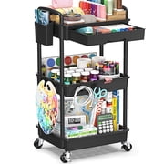 3 Tier Rolling Utility Cart with Removable Drawer, Bathroom Storage Organizer with 2 Lockable Wheels, Mobile Shelving Unit for Kitchen, Office, Snack, Craft, Ma