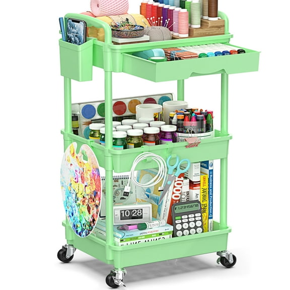 3 Tier Rolling Utility Cart with Removable Drawer, Bathroom Storage Organizer with 2 Lockable Wheels, Mobile Shelving Unit for Kitchen, Office, Snack, Craft, Makeup, Baby Essentials, Green