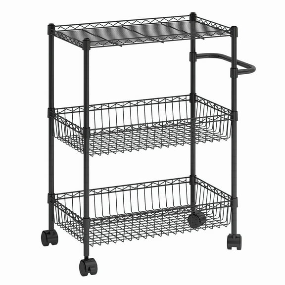3 Tier Rolling Utility Cart on Wheels, Commercial Grade Kitchen Cart with Baskets & Wire Shelving, Heavy Duty Metal Trolley with Handle For Office, Bathroom, Garage, Workshop