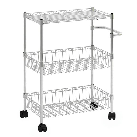 3 Tier Rolling Utility Cart on Wheels, Commercial Grade Kitchen Cart with Baskets & Wire Shelving, Heavy Duty Metal Trolley with Handle For Office, Bathroom, Garage, Workshop
