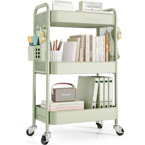 3-Tier Rolling Utility Cart with Wheels, Hooks and Storage Bins - Sturdy Metal Organizer with Pegboard for Kitchen, Bathroom, Office, Nursery, Craft Room and Home Organization