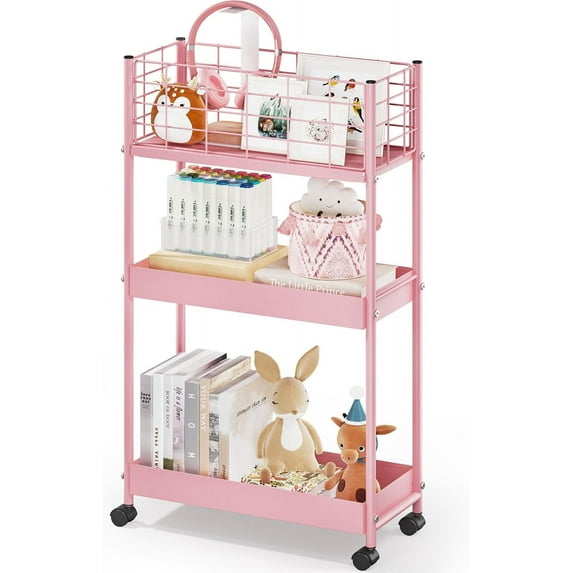 3-Tier Rolling Utility Cart with Wheels, Metal Slim Storage Cart, Bathroom Multifunctional Storage Organizer, Mobile Shelving Unit for Kitchen, Office, Laundry Room, Narrow Place, Pink