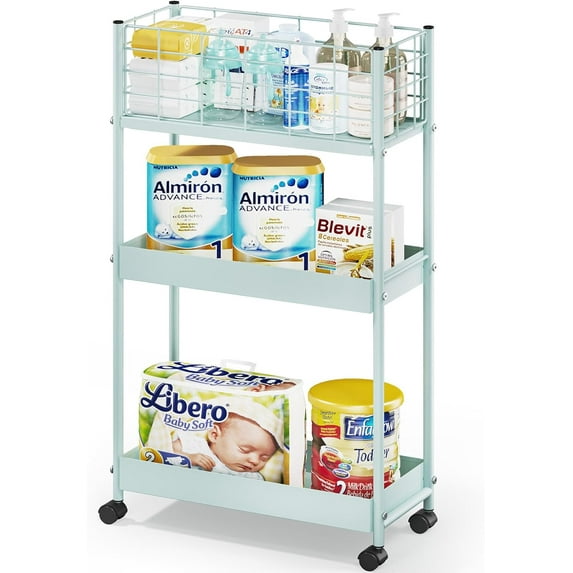 3-Tier Rolling Utility Cart with Wheels, Metal Slim Storage Cart, Multifunctional Storage Organizer, Rolling Storage Cart for Kitchen, Office, Bathroom, Narrow Place, Mint Green
