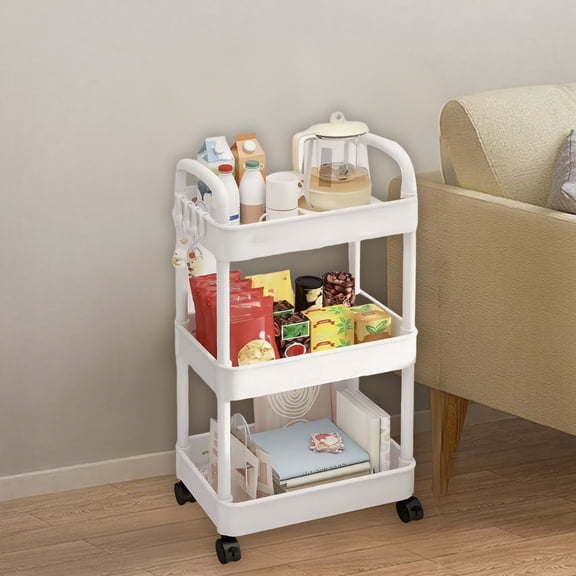 3-Tier Rolling Utility Cart with Wheels, Multifunctional Kitchen Storage Organizer Cart on Casters, Sturdy Shelving Rack for Living Room, Bathroom, Bedroom, Dorm