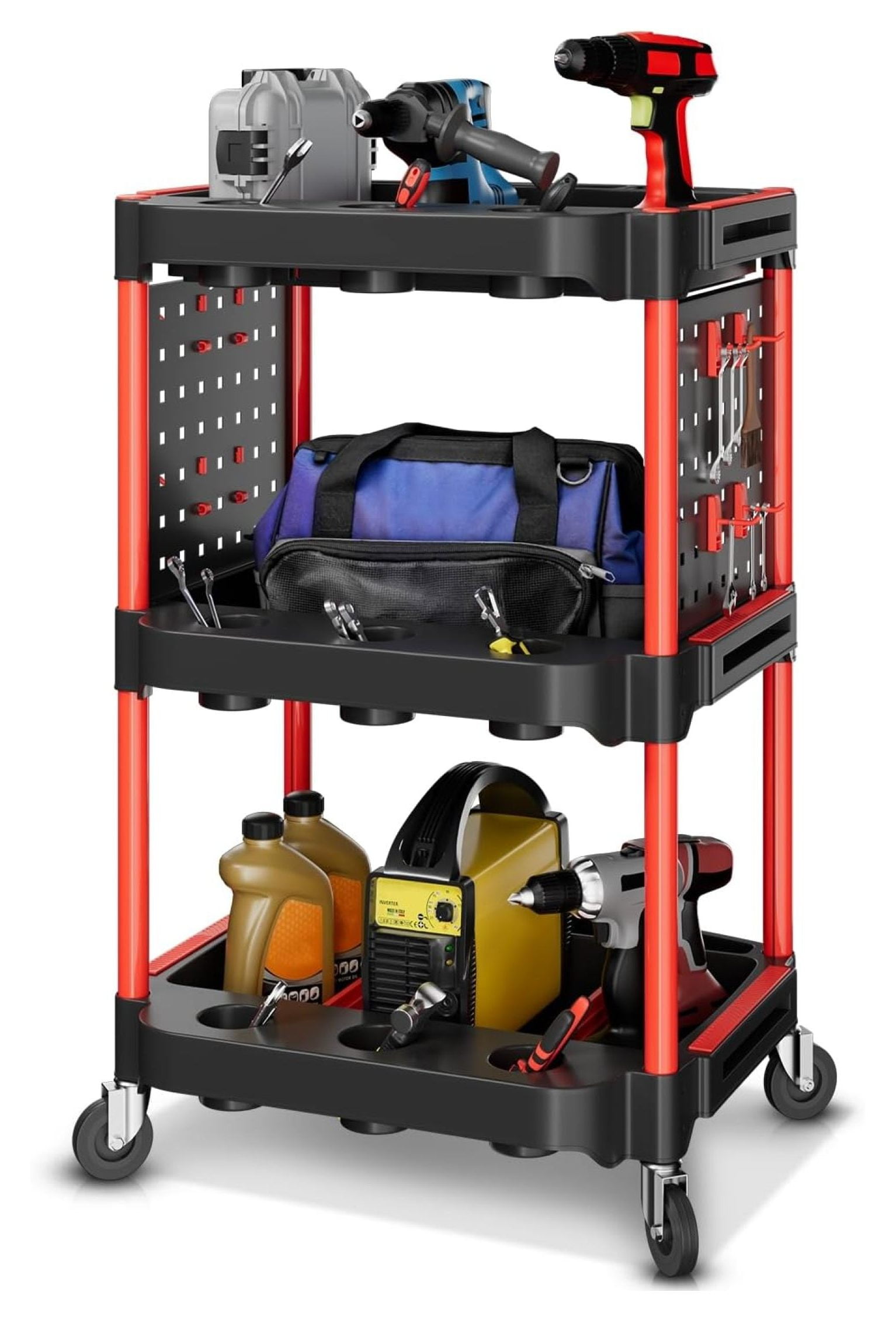 3-Tier Rolling Utility Cart with 9 Cup Holders, 2 Pegboards & Wheels ...
