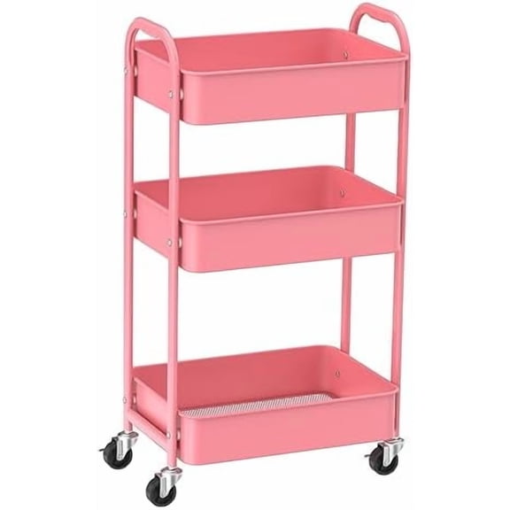 3-Tier Rolling Utility Cart with Caster Wheels,Easy Assembly, for Kitchen, Bathroom (Pink)