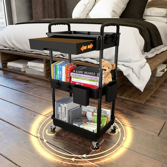 3 Tier Rolling Utility Cart with Drawer, Black Multifunctional Storage Organizer for Kitchen, Bathroom, Living Room, Office