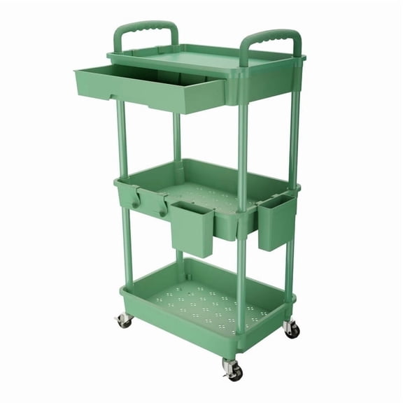 3 Tier Rolling Utility Cart with Drawer,Rolling Storage Cart,Storage Cart for Kitchen,Bathroom,Living Room, Organizer with Iron Wheels(Green)
