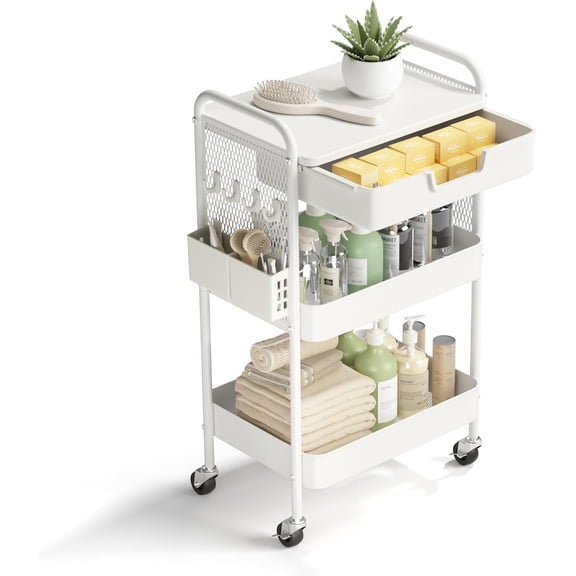 3 Tier Rolling Utility Cart with Drawer Tabletop and Pegboard White