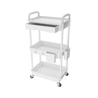 3 Tier Rolling Utility Cart with Drawer,White,With Drawer & Extended Poles,With Plastic Shelf & Lockable Wheels,Smooth Mobility