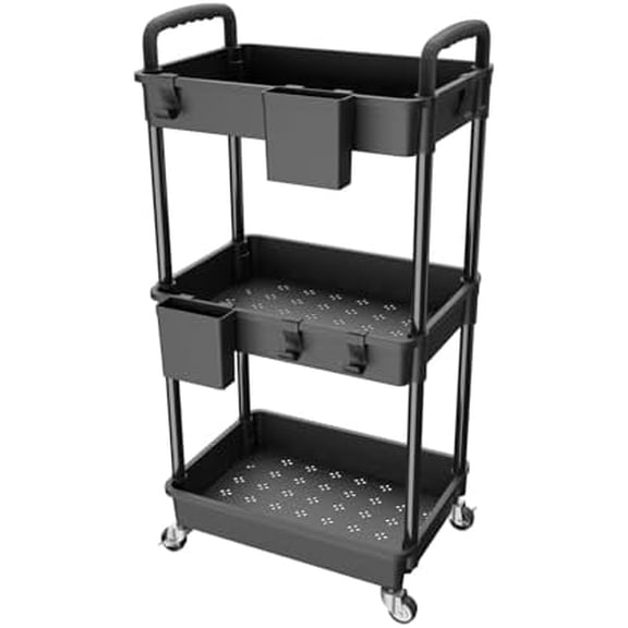 3 Tier Rolling Utility Cart with Handle, Utility Cart Made of Multifunctional Storage Organizer Tool for Kitchen,Bathroom,Living Room,Office(Black)