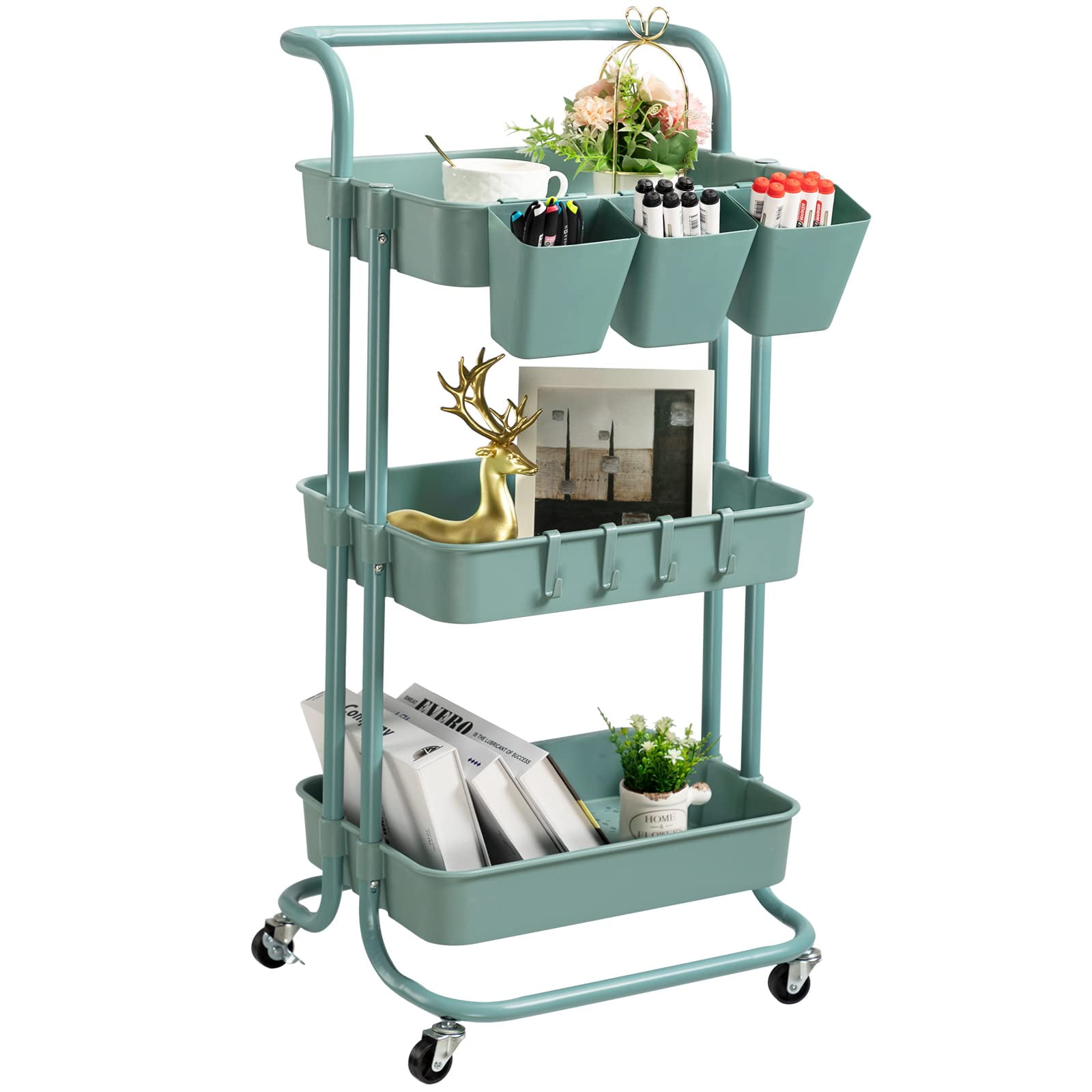 3-Tier Rolling Cart, Metal Rolling Storage Cart With Lockable Wheels Hanging Cups Hooks Mobile Trolley Kitchen Bathroom Office Workshop Green - View #10