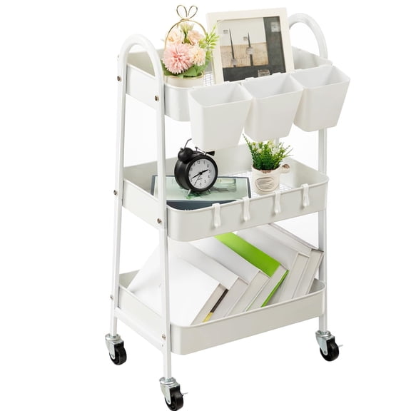 3-Tier Rolling Utility Cart with Locking Wheels - White Metal Rolling Storage Cart with Hanging Cups & Hooks for Kitchen, Bathroom, Office, Workshop