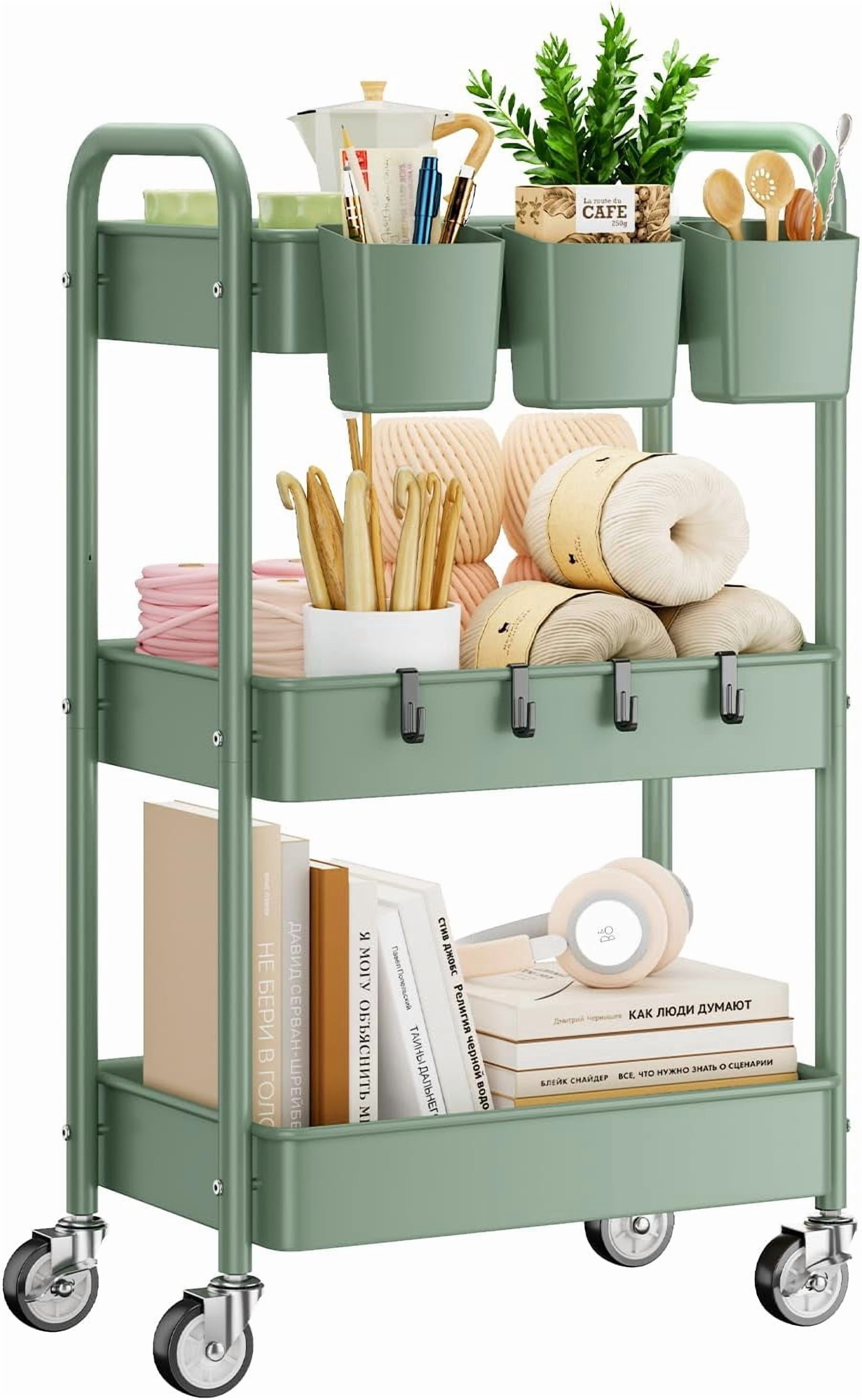 3-Tier Rolling Utility Cart with Wheels, Hanging Cups, Hooks, Heavy Duty Mesh Storage Organizer for Kitchen and Office, Lightweight Sturdy Craft Cart