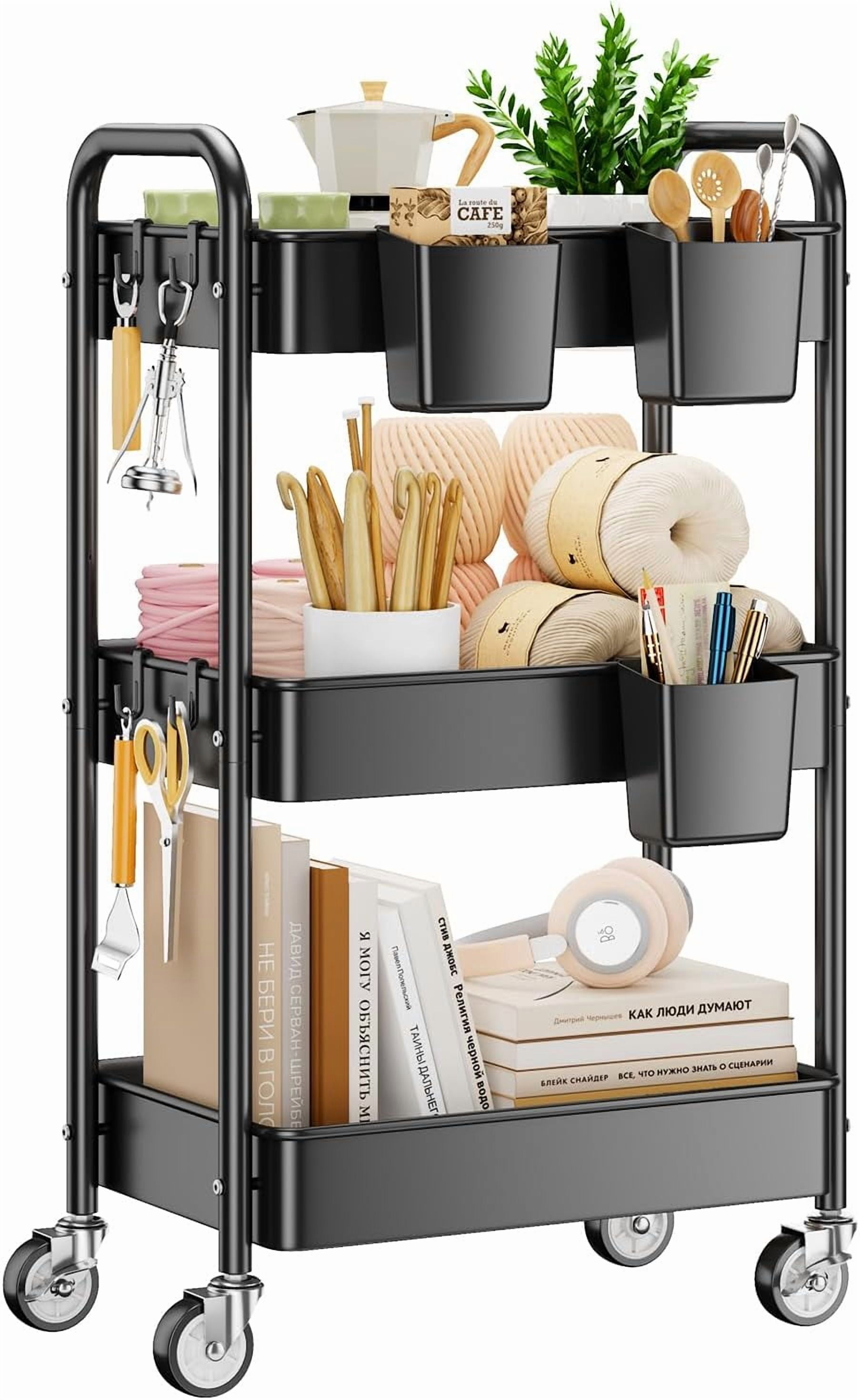 3-Tier Rolling Utility Cart with Wheels, Hanging Cups, Hooks, Heavy Duty Mesh Storage Organizer for Kitchen and Office, Lightweight Sturdy Craft Cart