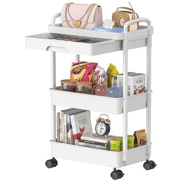 3 Tier Rolling Utility Cart with Drawer, Utility Storage Organizer with Plastic Shelf & Lockable Wheels, Storage Cart for Kitchen, Bathroom, Living Room, Office, Storage Shelves Organizer Cart, White
