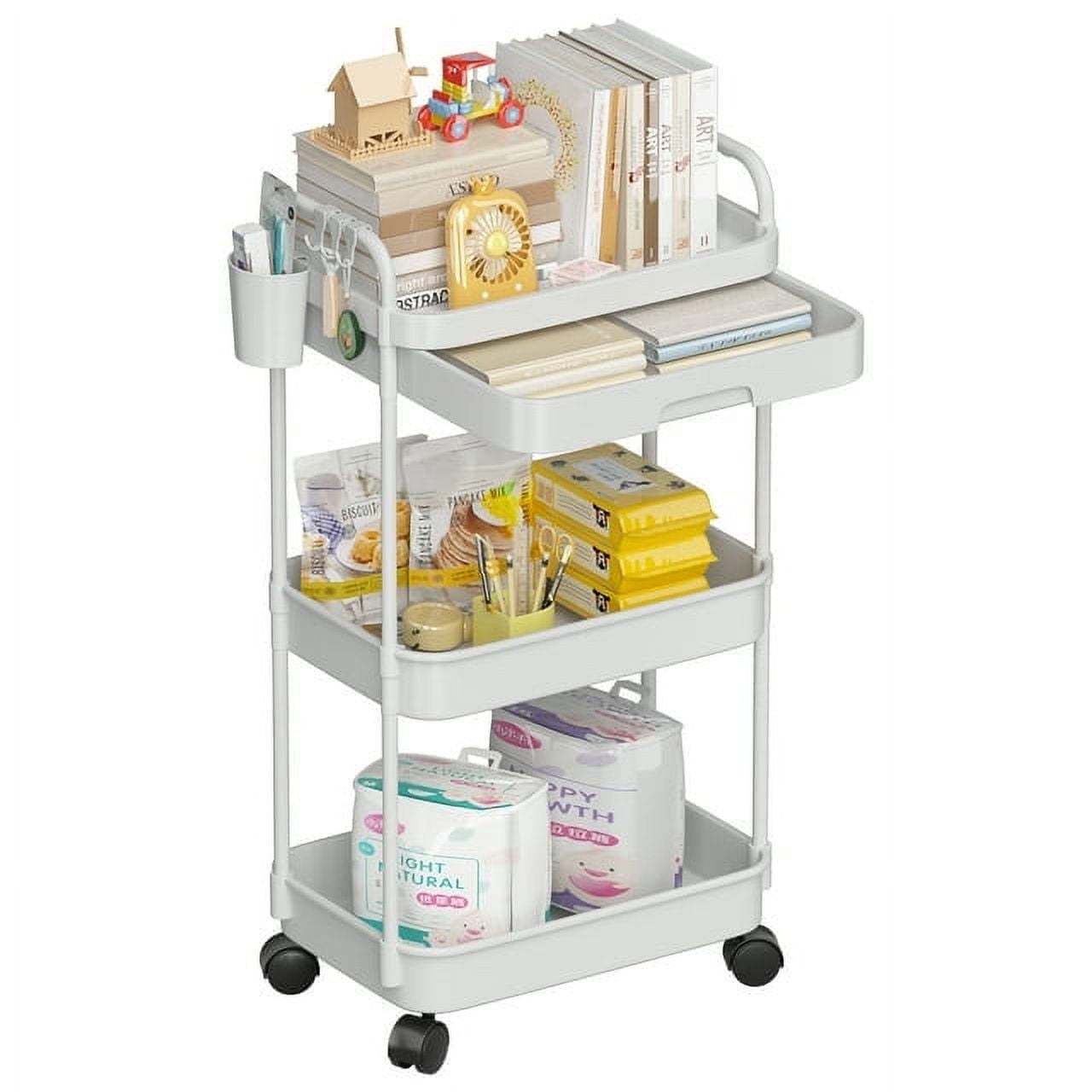 3Tier Rolling Utility Cart with Wheels and Drawers MultiFunctional