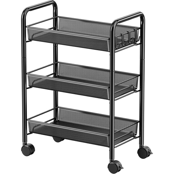 3-Tier Rolling Utility Storage Rack Cart on Wheels, Trolley Craft cart, Multi-Purpose Organizer Shelf, Black