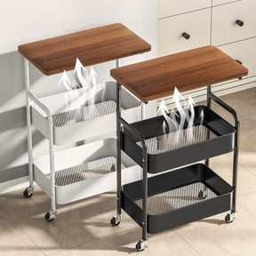 3-Tier Rolling Utility Table Set – Metal Storage Cart with Wooden Top, Mesh Baskets, Lockable Wheels, Easy Assembly, Multipurpose for Kitchen, Living Room, Bathroom, Office – Black