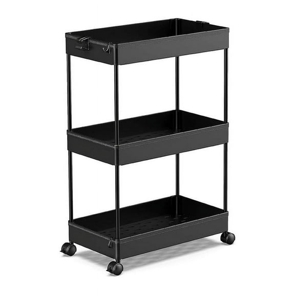 LLMRR 3 Tier Rolling Storage Cart, Bathroom Storage Cart with Lockable Wheels, Storage Organizer, Mobile Shelving Unit Cart for Bathroom, Laundry Room, Kitchen and Office, Black