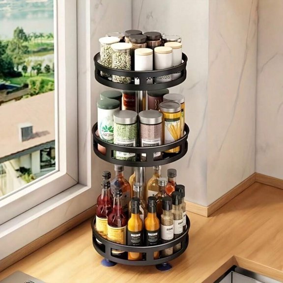 3-Tier Rotatable Metal Spice Rack, Multi-Function Kitchen Seasoning Organizer, Countertop Rotating Storage Shelf