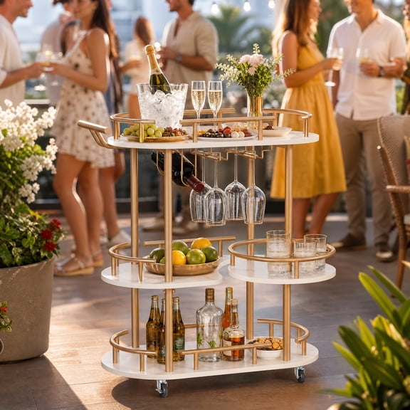 3-Tier Rotating Bar Cart on Wheels with Wine Rack & Glass Holder, Rolling Serving Cart with 360° Lockable Casters, Mobile Coffee Bar Station for Kitchen Living Room