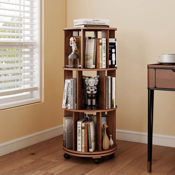3-Tier Rotating Bookshelf, 360° Swivel Bookcase with Wheels, Rolling Storage Organizer for Kids Room, Bedroom and Small Spaces