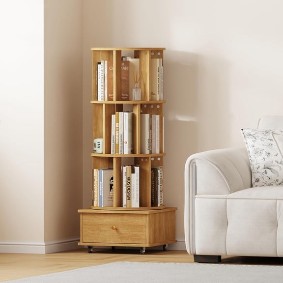 3 Tier Rotating Bookshelf with Drawer, 360° Display Spinning Corner Bookcase with Wheels, Storage Rack for Small Spaces, Narrow Wood Book Shelf for Bedroom Living Room Study