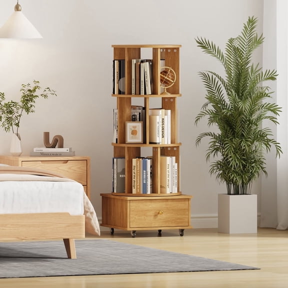 3 Tier Rotating Bookshelf with Drawers on Wheel,360° Display Spinning Corner Book Shelf Tower,Narrow Tall Bookshelves,Small Revolving Bookcase,Wooden Book Shelf Standing Storage Rack for Home
