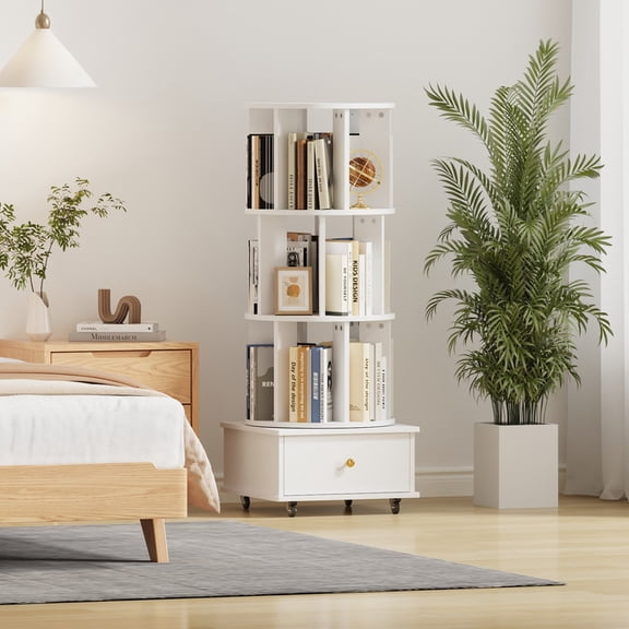 3 Tier Rotating Bookshelf with Drawers On Wheel,360° Display Spinning Corner Book Shelf Tower,Narrow Tall Bookshelves,Small Revolving Bookcase,Wooden Book Shelf Standing Storage Rack for Home