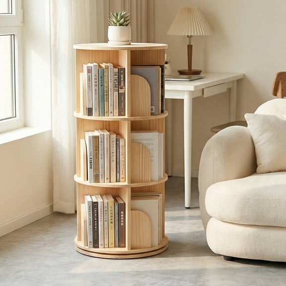 3-Tier Rotating Bookshelf, Solid Pine Wood Spinning Book Shelf Tower, Small Corner Bookcase Storage Organizer for Kids Room, Bedroom & Classroom