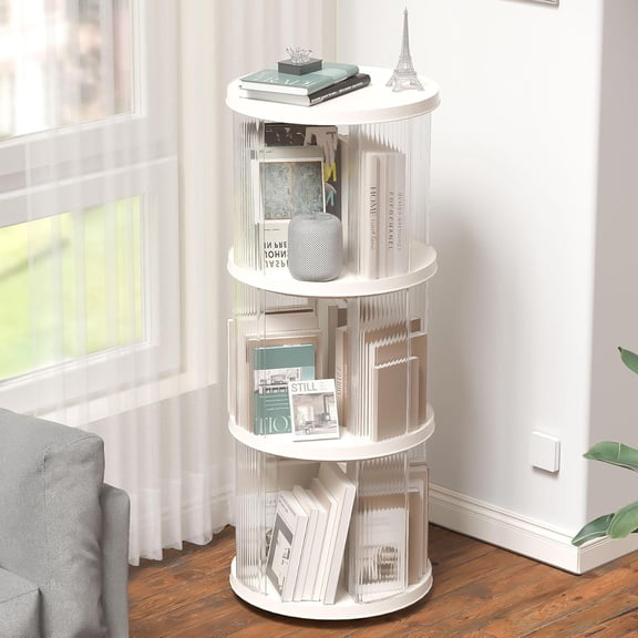 3 Tier Rotating Bookshelf Tower, 360° Spinning Bookshelf with Transparent Acrylic Window, Portable Revolving Bookcase with Storage for Kids,Adults (3 Tier)