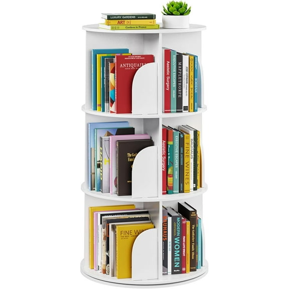 3 Tier Rotating Bookshelf Tower, Spinning Bookcase Lazy Susan, Revolving 360 Book Shelf Storage Round Carousel, Vertical Rotate Turning Spiral Corner Organizer, White