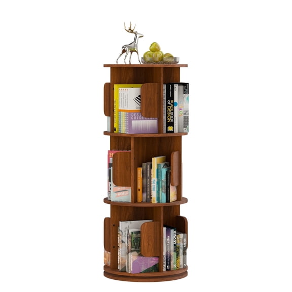 3 Tier Rotating Bookshelf Tower, Spinning Bookshelf, Revolving 360° Bookcase Storage Round Carousel, Vertical Rotate Turning Spiral Corner Organizer ,Brown
