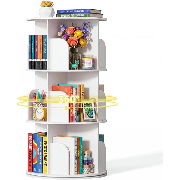 3 Tier Rotating Bookshelf Tower, Study Spinning Bookshelf for Small Space, 360° Display Revolving Bookcase Lazy Susan, Freestanding Vertical Corner Book Shelf for Bedroom, Living Room, White