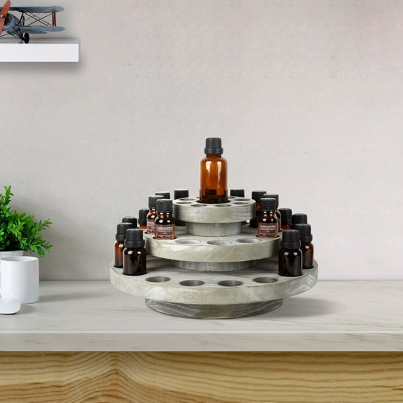 3-Tier Rotating Essential Oil Organizer Rack, Rustic Gray-Green Wood Storage for Up to 36 Bottles - Spinning Countertop Display for Nail Polish & Perfume