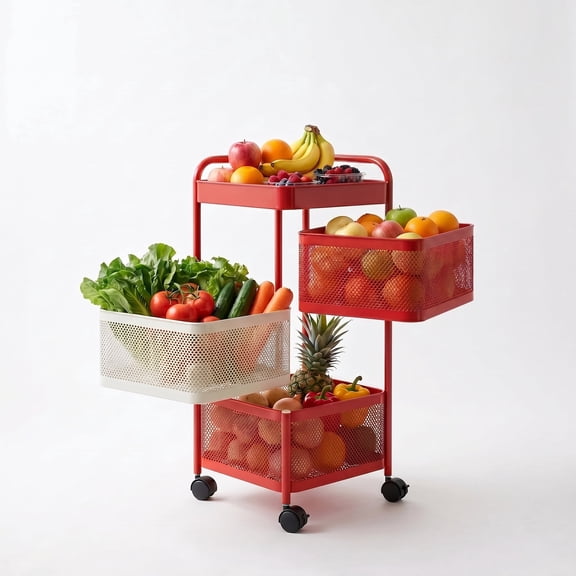 3-Tier Rotating Fruit and Vegetable Rack, Metal Kitchen Storage Cart with Mesh Baskets, Space-Saving Utility Organizer for Kitchen, Living Room, Pantry