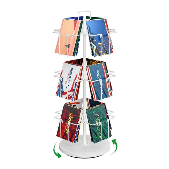 3 Tier Rotating Greeting Card Display Stand with 12 Pockets, Metal Greeting Card Rack for Stickers, Photocard, Brochures, Countertop Postcard Holder Display Stand for Home, Showcase, Retail