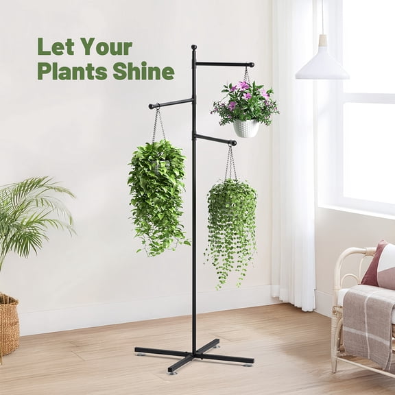 3-Tier Rotating Hanging Plant Stand with 360 Spinning Bars - Heavy-Duty Iron Construction, Black Metal Indoor/Outdoor Vertical Space-Saving Plant Holder for Ferns, Houseplants, Balcony, Patio
