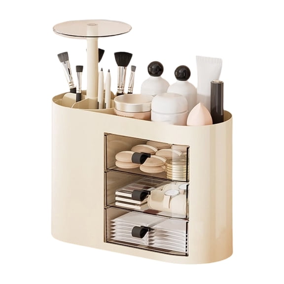 3-Tier Rotating Makeup Organizer with Drawers, Beige Countertop Storage Rack for Brushes, Skincare Bottles, Cosmetics, Space-Saving Vanity Organizer for Bathroom Bedroom