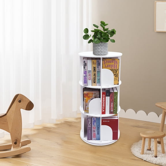 3 Tier Rotating Round Bookcase, PVC Board Construction Open Shelf Compartments Freestanding Revolving Design for Book Display and Daily Storage