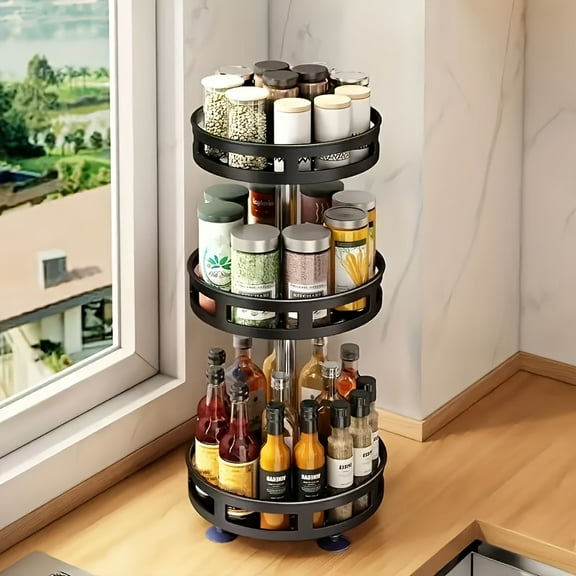 3-Tier Rotating Spice Rack (Durable Plastic/Polished), Multi-Compartment Countertop Organizer - Silver Christmas Kitchen Essential