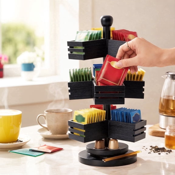 3 Tier Rotating Tea Bag Organizer Wooden Spinning Carousel Coffee Creamer Storage (black )