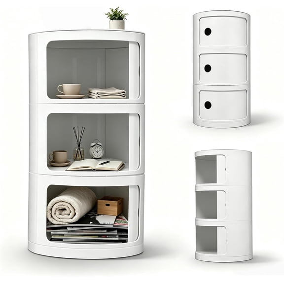 3 Tier Round Bedside Table, Round Storage Cabinet, Narrow Storage Cabinet for Bedroom Living Room Small Spaces (White)