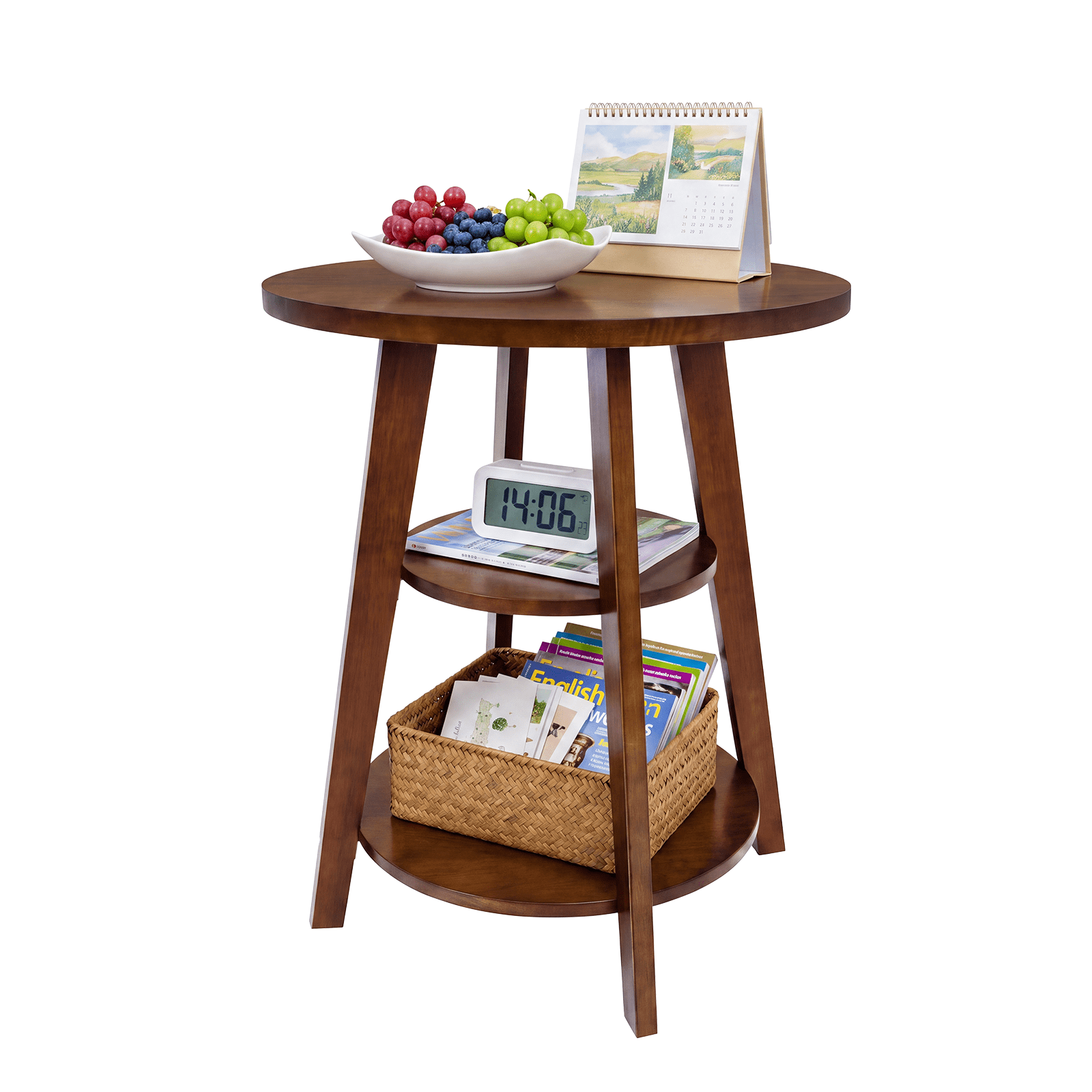 3-Tier Round End Table with Storage Shelves, Solid Wood Side Table and ...